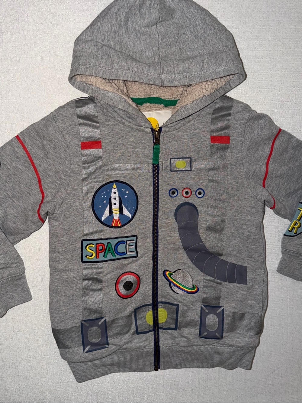 Mini Boden Gray Hooded Zip Sweatshirt with Space Appliqués